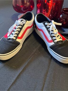 Vans Old Skool Low Top Sneakers in Black, White & Red Accent